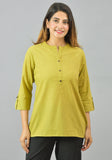 Women Mandarin Collar Roll-Up Sleeves Cotton Top