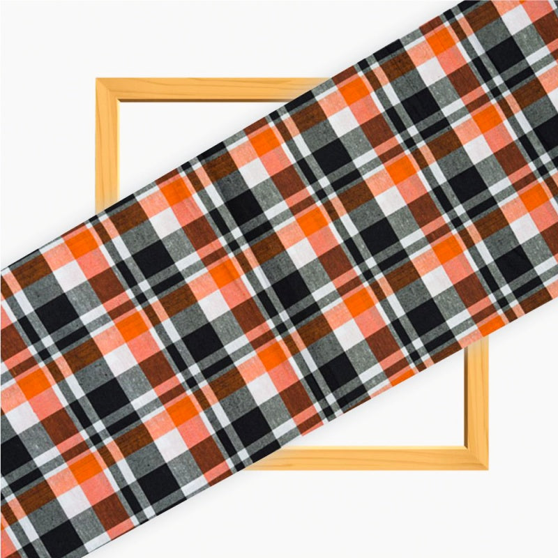 Orange Black and White Checks Cotton Handloom Fabric