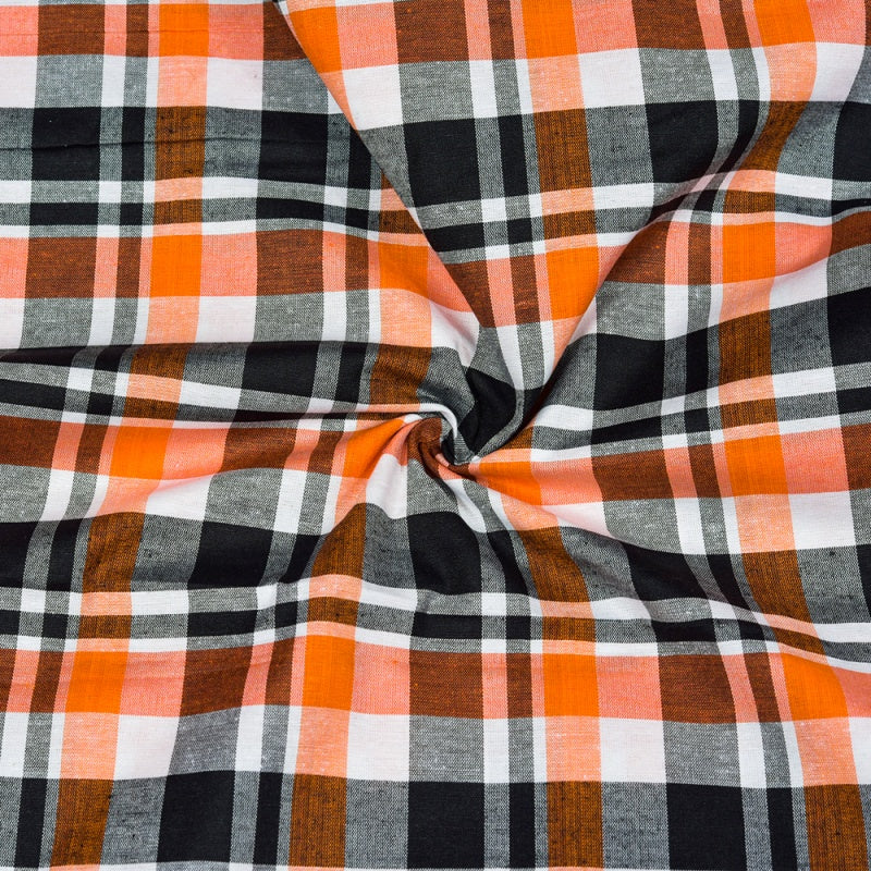 Orange Black and White Checks Cotton Handloom Fabric
