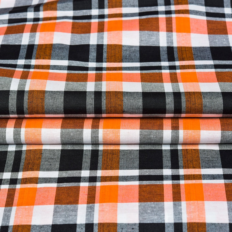Orange Black and White Checks Cotton Handloom Fabric