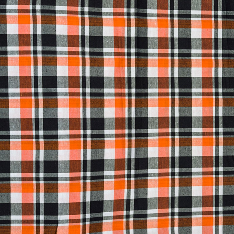 Orange Black and White Checks Cotton Handloom Fabric