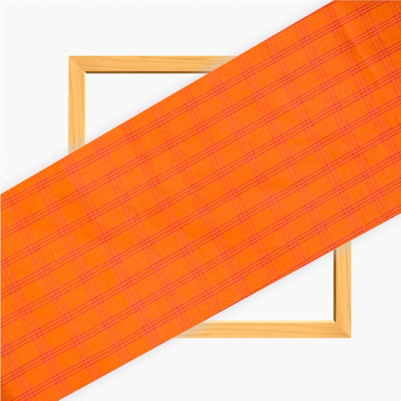 Orange White Triple Line Checks Cotton Handloom Fabric