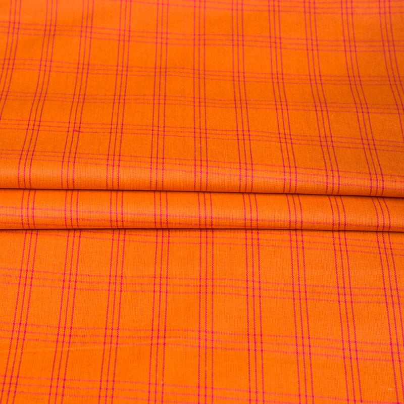 Orange White Triple Line Checks Cotton Handloom Fabric