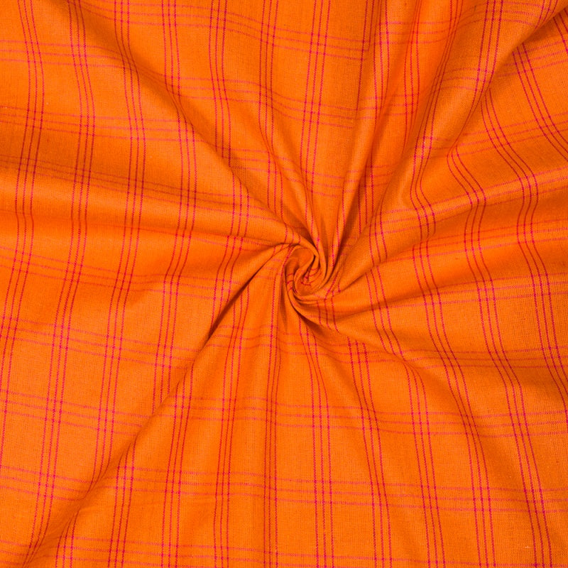 Orange White Triple Line Checks Cotton Handloom Fabric