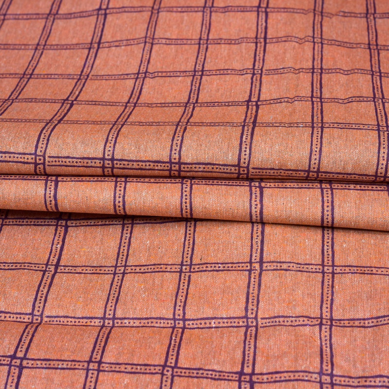 Peach Blue Checks Cotton Handloom Fabric