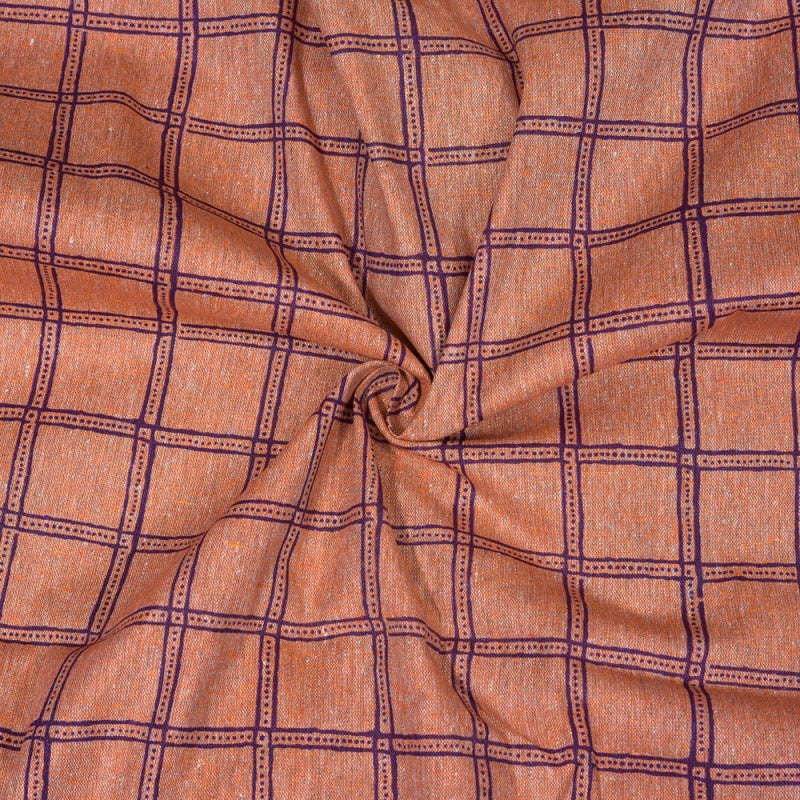 Peach Blue Checks Cotton Handloom Fabric
