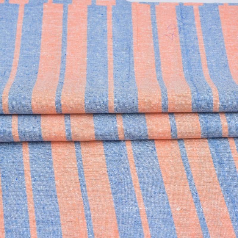 Peach Blue Stripe Handloom Cotton Fabric