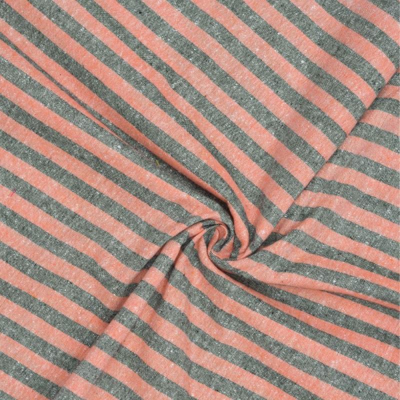 Peach Gray Stripe Handloom Cotton Fabric