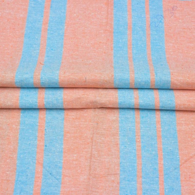 Peach Sky Blue Stripe Handloom Cotton Fabric