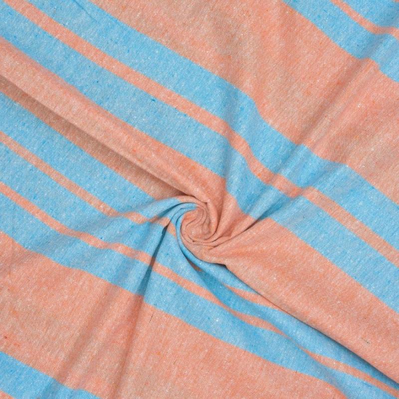 Peach Sky Blue Stripe Handloom Cotton Fabric
