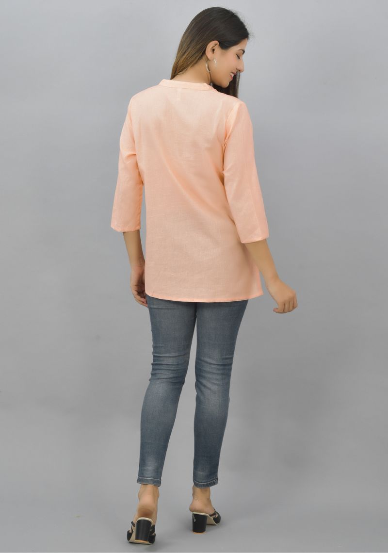 Peach Solid Cotton Flax Women Top-10625