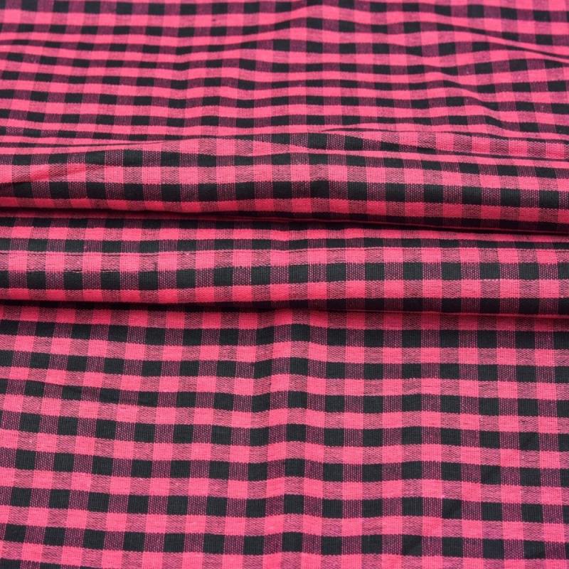 Pink Black Checks Handloom Cotton Fabric