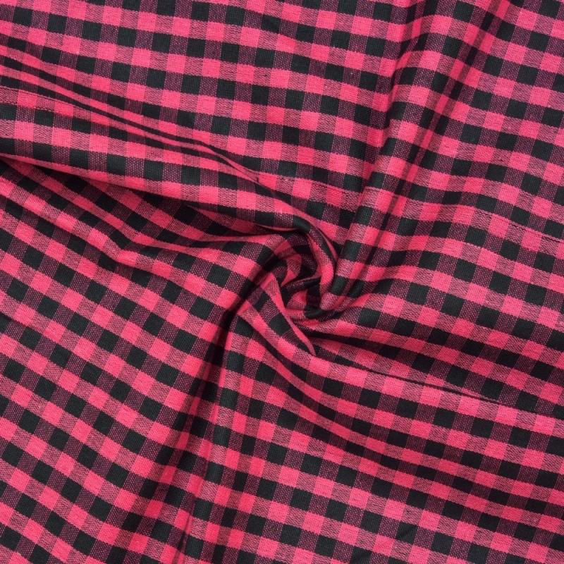 Pink Black Checks Handloom Cotton Fabric