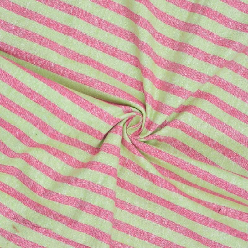 Pink Green Stripe Handloom Cotton Fabric