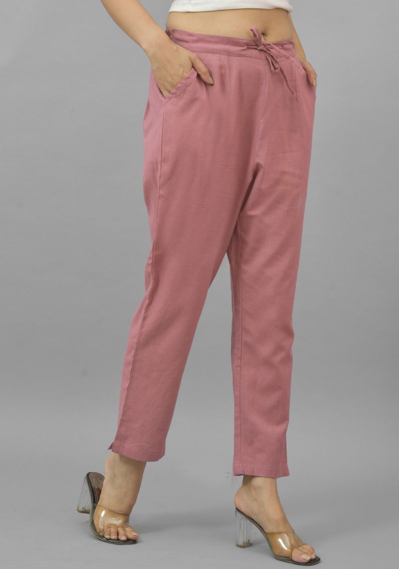 Pink Solid Cotton Flax Trouser Pant