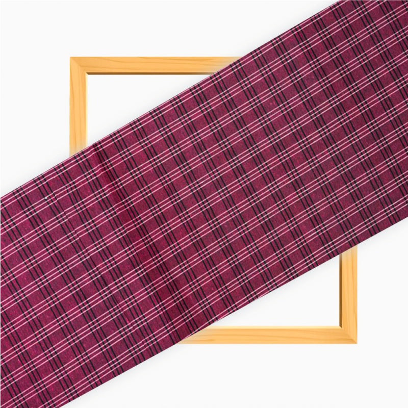 Pink White and Black Triple Line Checks Cotton Handloom Fabric