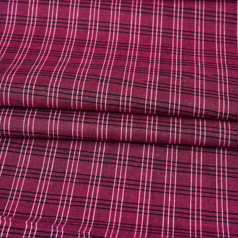 Pink White and Black Triple Line Checks Cotton Handloom Fabric