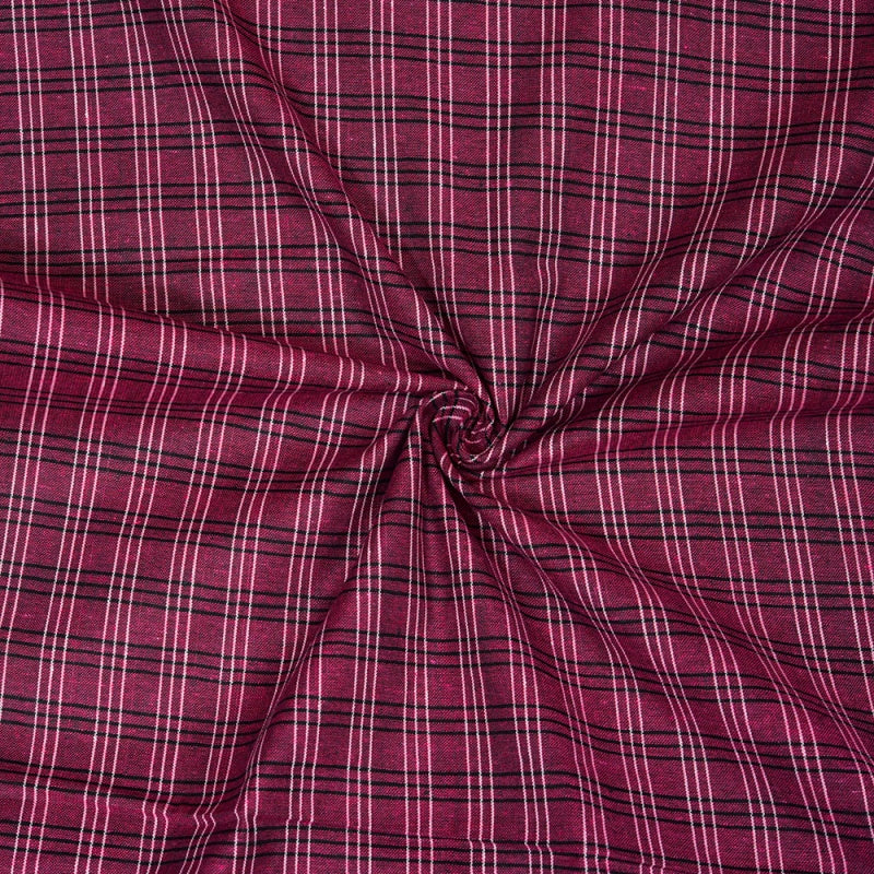 Pink White and Black Triple Line Checks Cotton Handloom Fabric