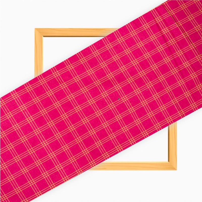 Pink Yellow Triple Line Checks Cotton Handloom Fabric