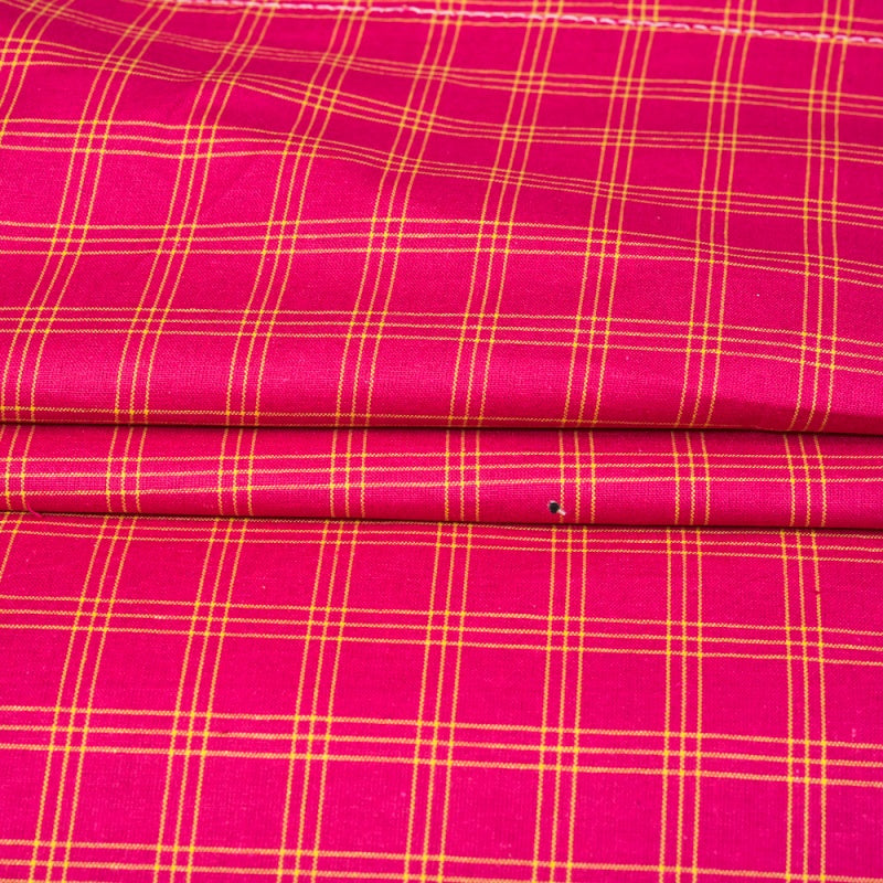 Pink Yellow Triple Line Checks Cotton Handloom Fabric