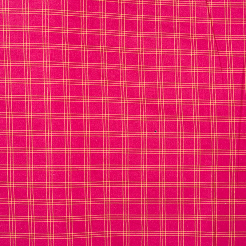 Pink Yellow Triple Line Checks Cotton Handloom Fabric