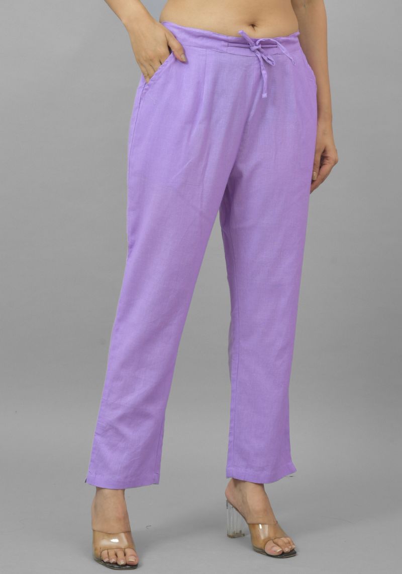 Purple Solid Cotton Flax Trouser Pants