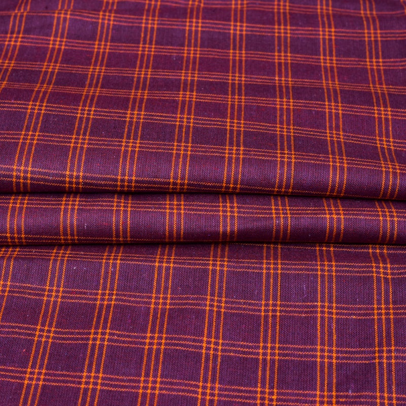 Purple Yellow Triple Line Checks Cotton Handloom Fabric