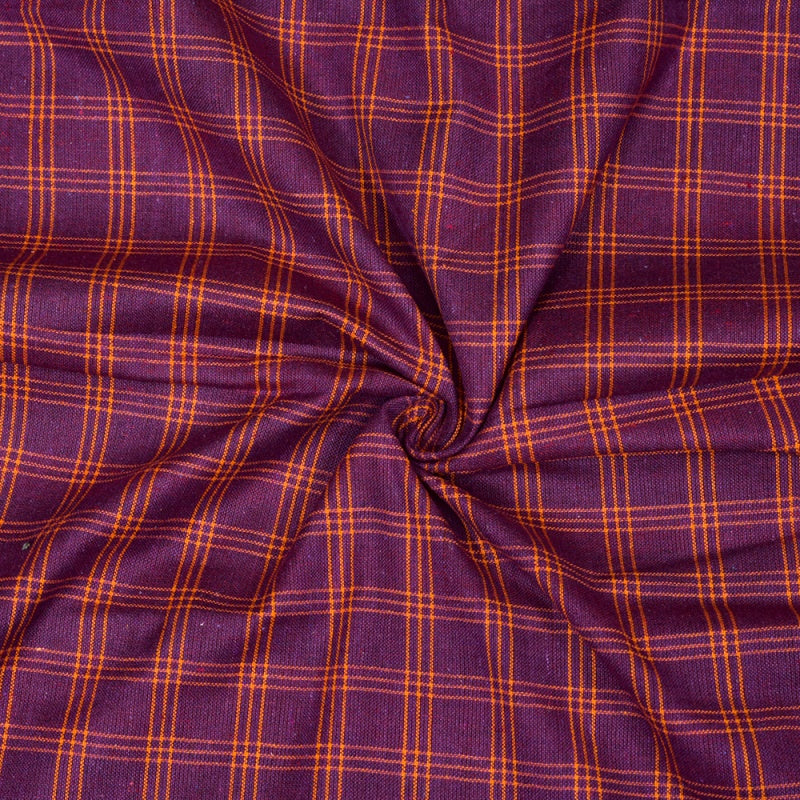 Purple Yellow Triple Line Checks Cotton Handloom Fabric