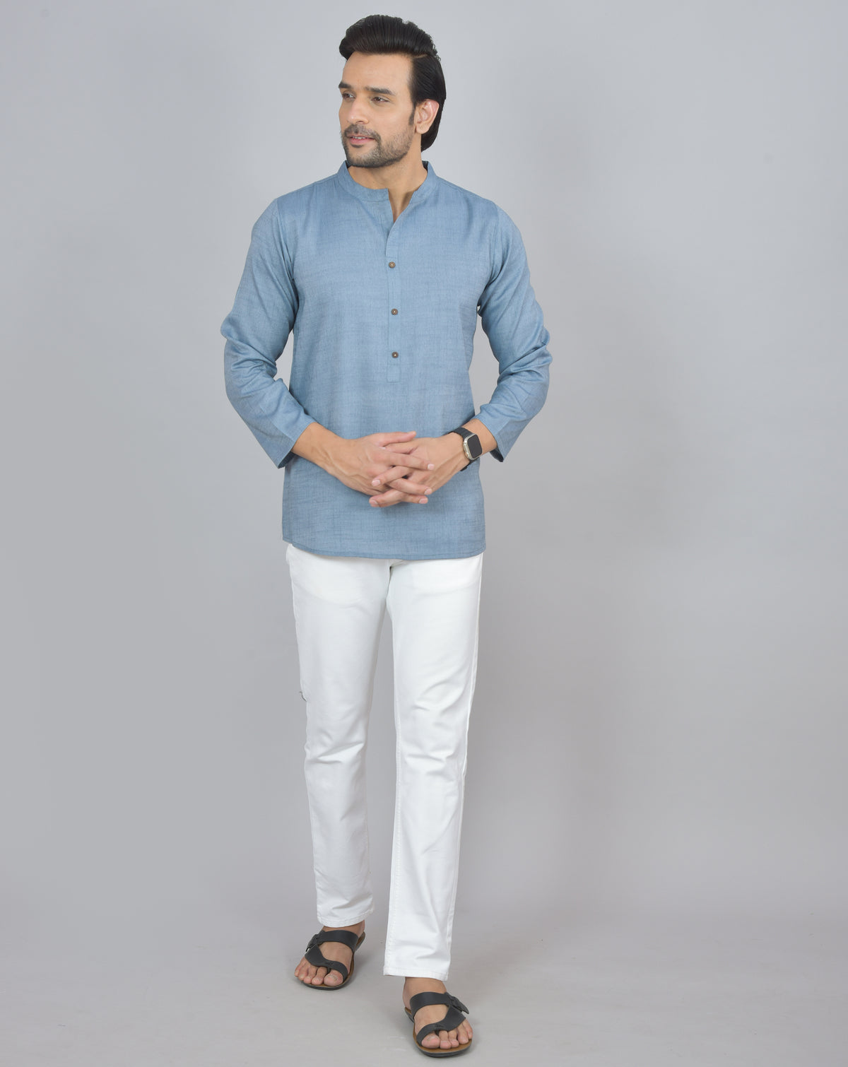 Blue Self Design Cotton Short Kurta