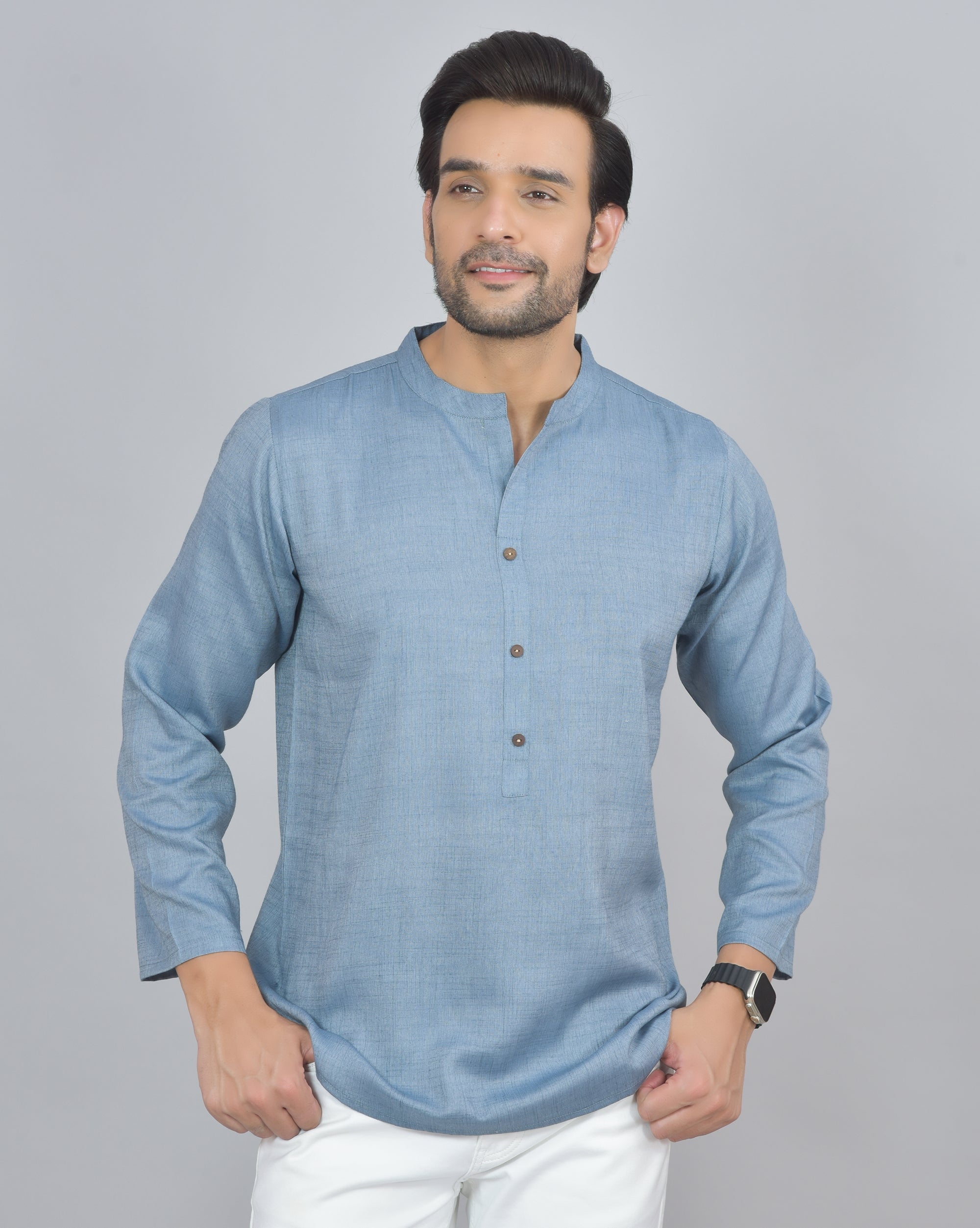 Blue Self Design Cotton Short Kurta