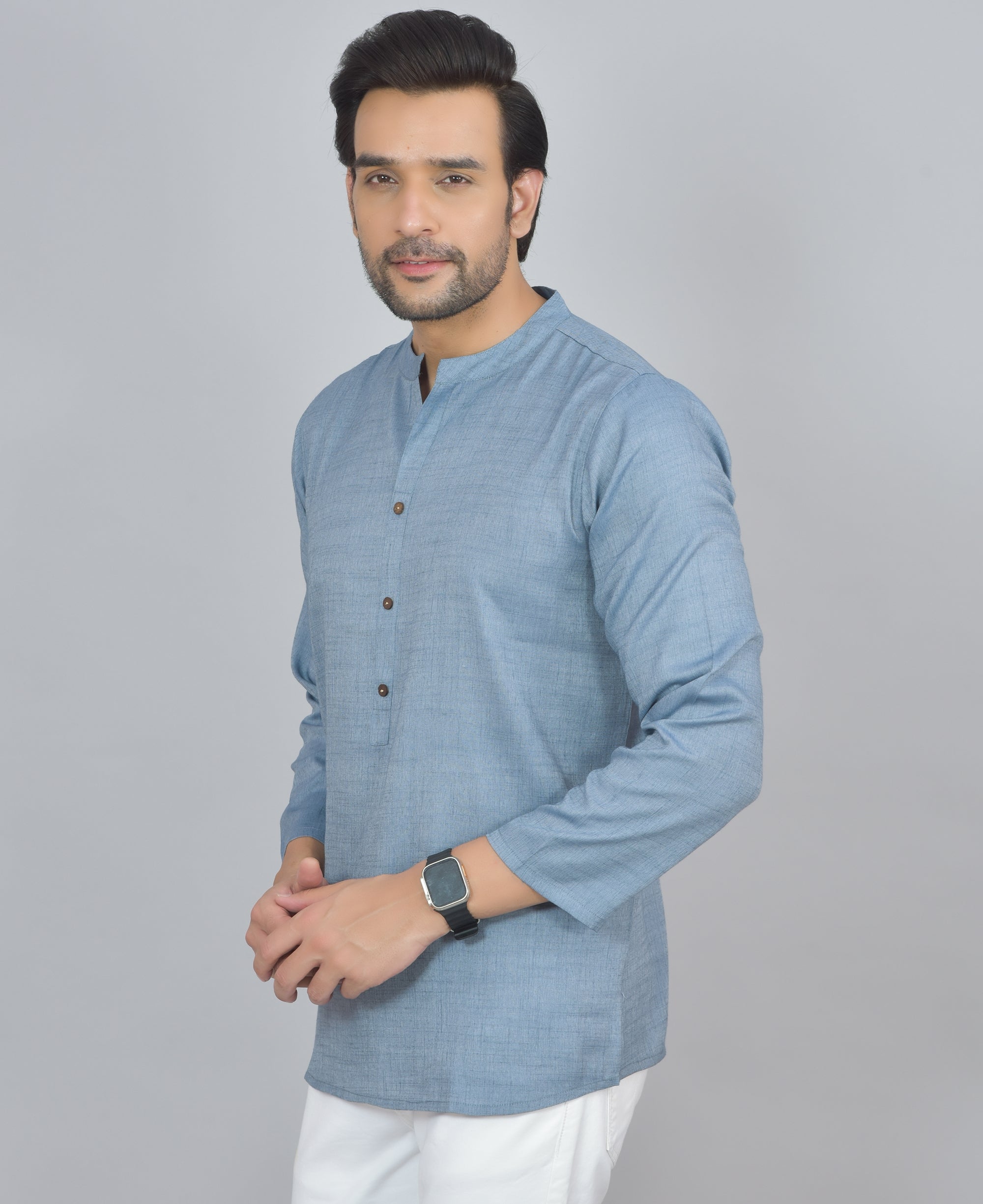 Blue Self Design Cotton Short Kurta