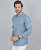 Blue Self Design Cotton Short Kurta