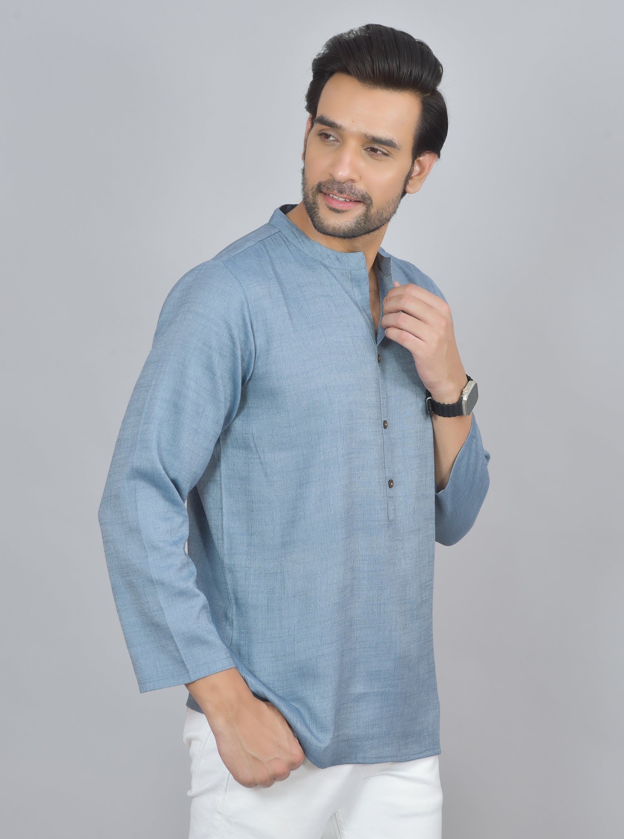 Blue Self Design Cotton Short Kurta