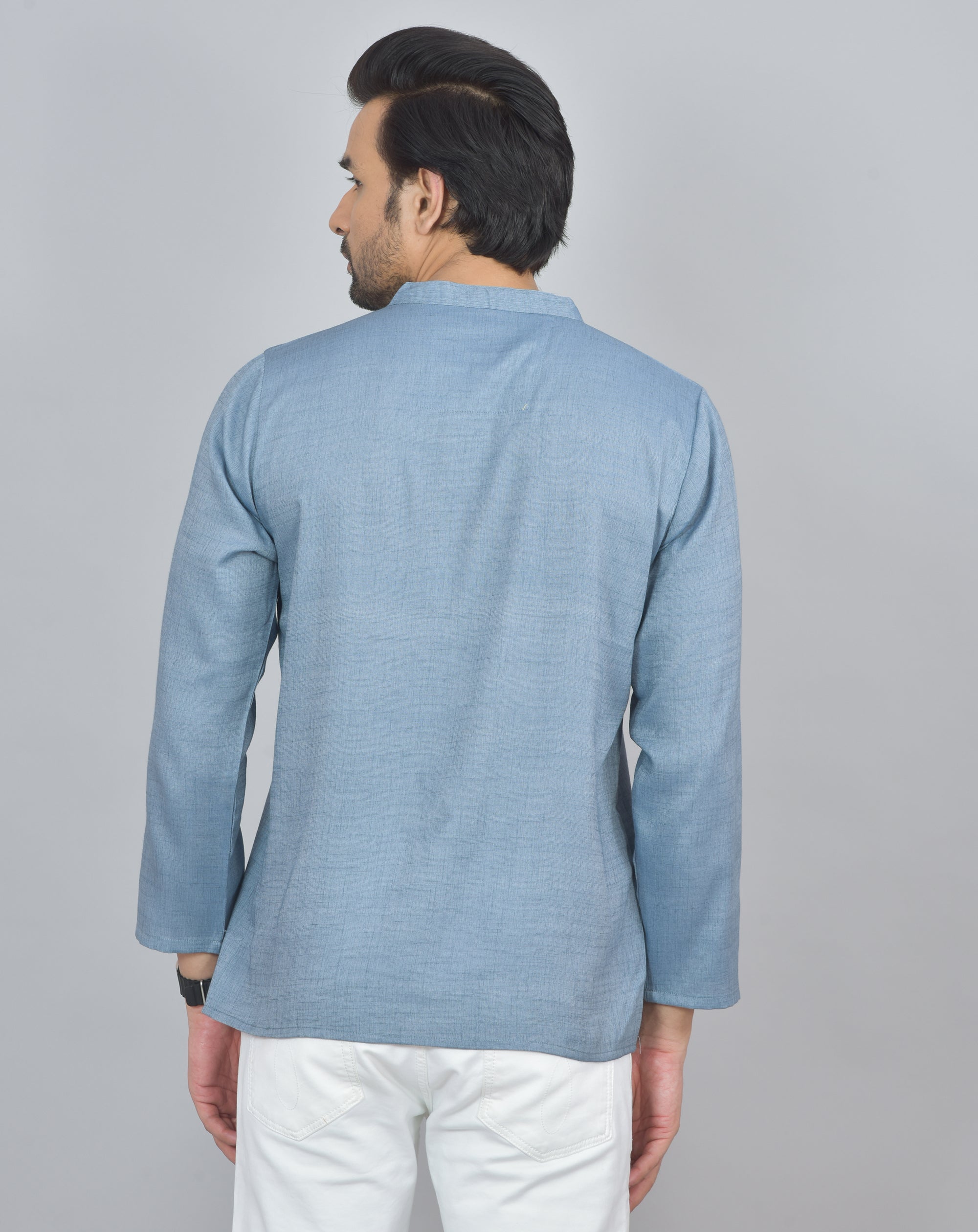 Blue Self Design Cotton Short Kurta