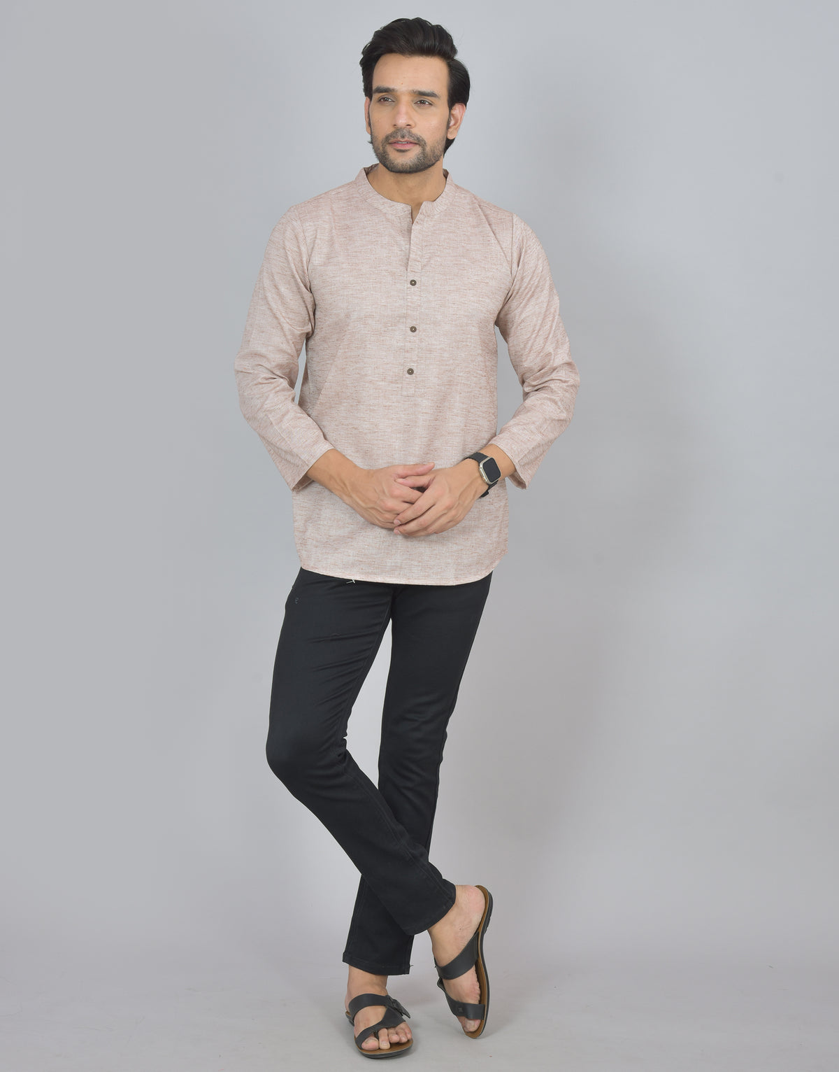 Beige Self Design Cotton Short Kurta