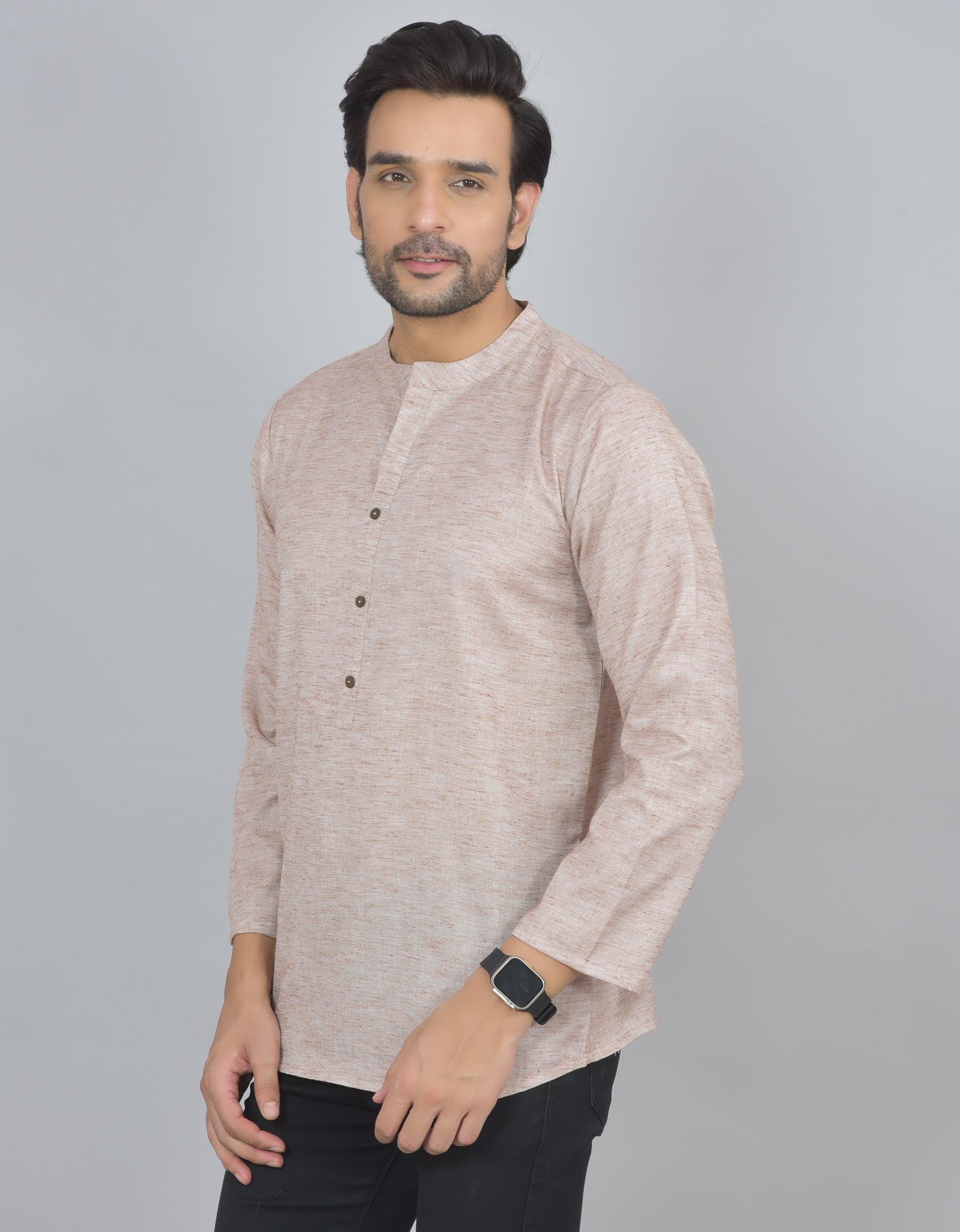 Beige Self Design Cotton Short Kurta