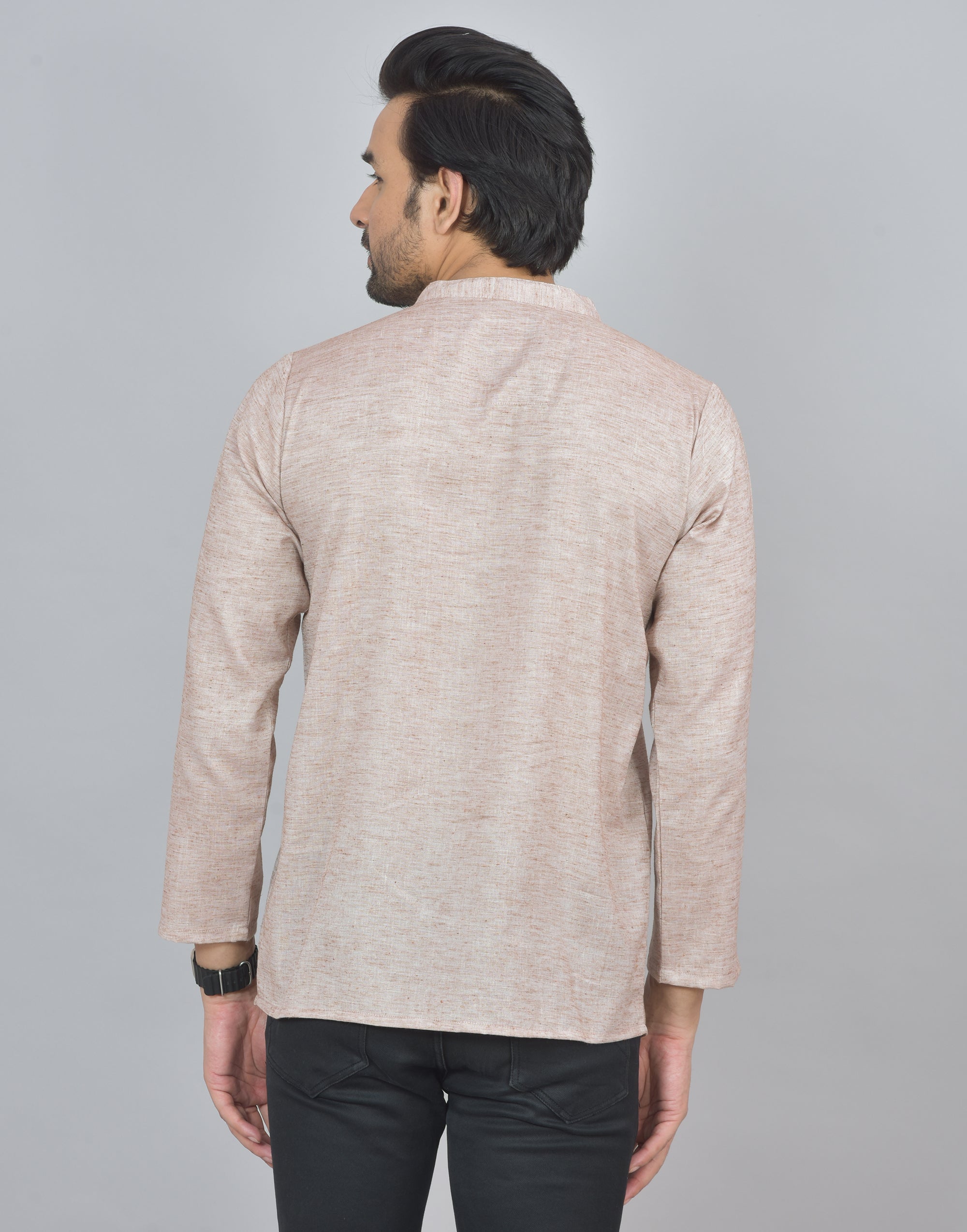 Beige Self Design Cotton Short Kurta