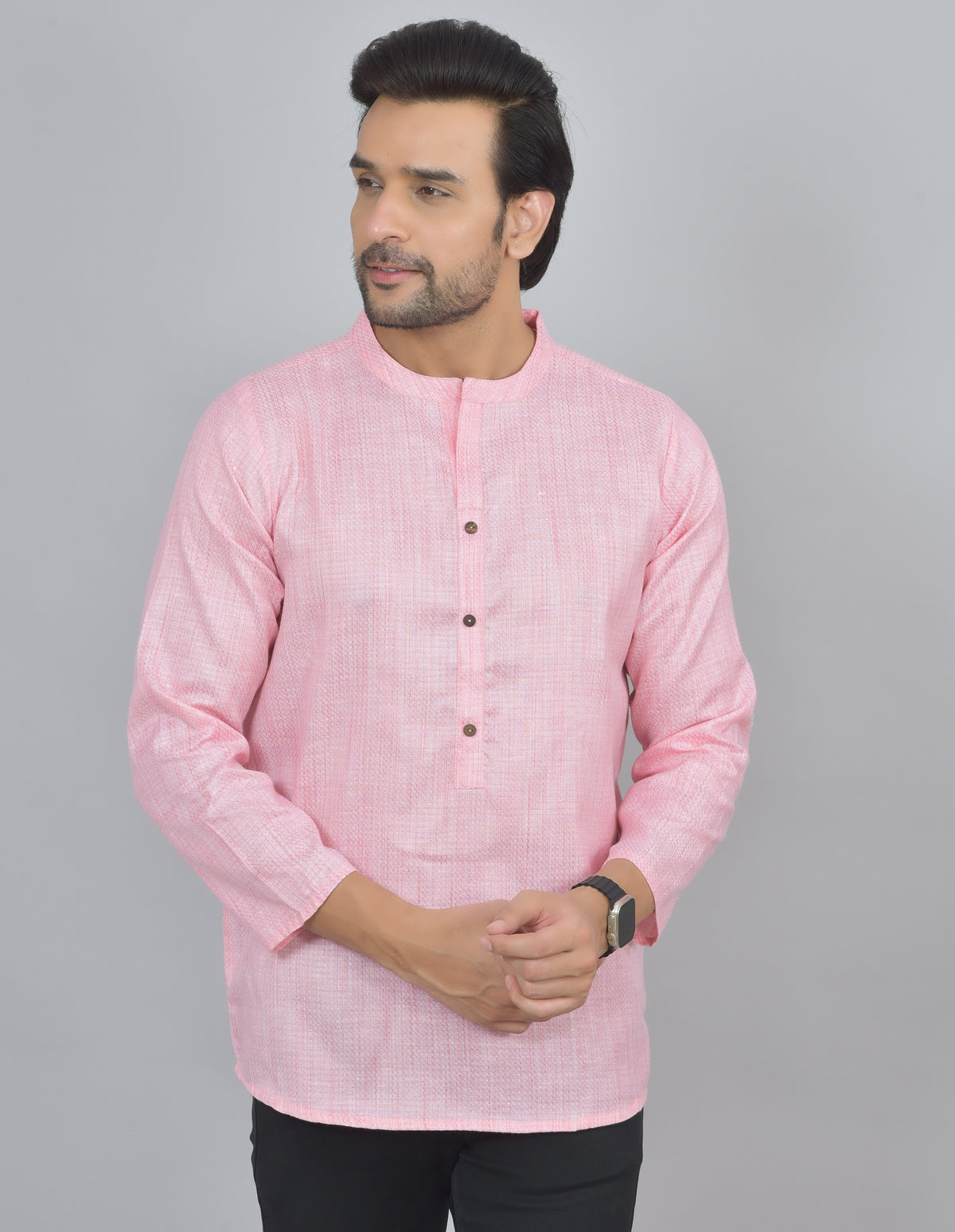 Baby Pink Self Design Cotton Short Kurta