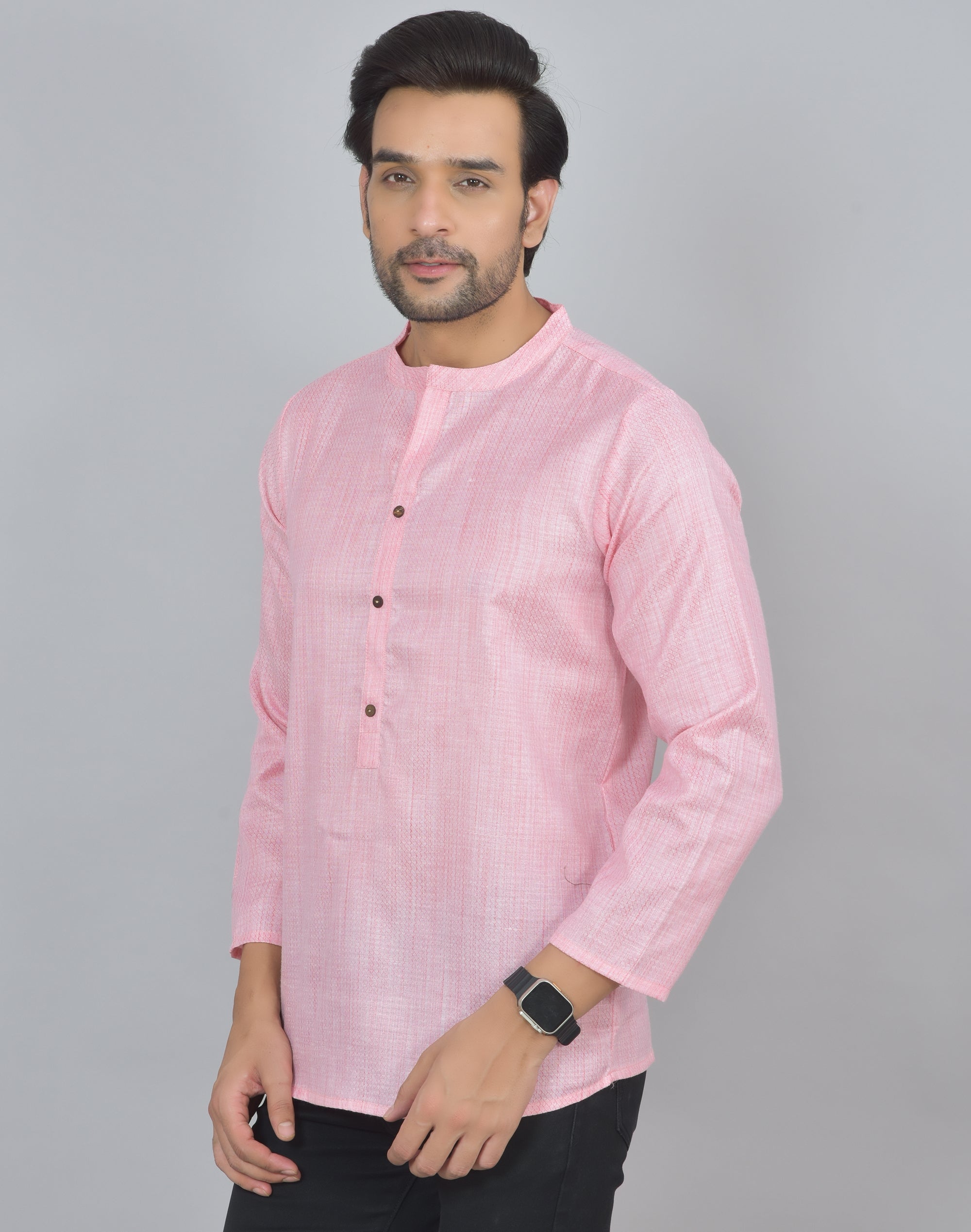 Baby Pink Self Design Cotton Short Kurta