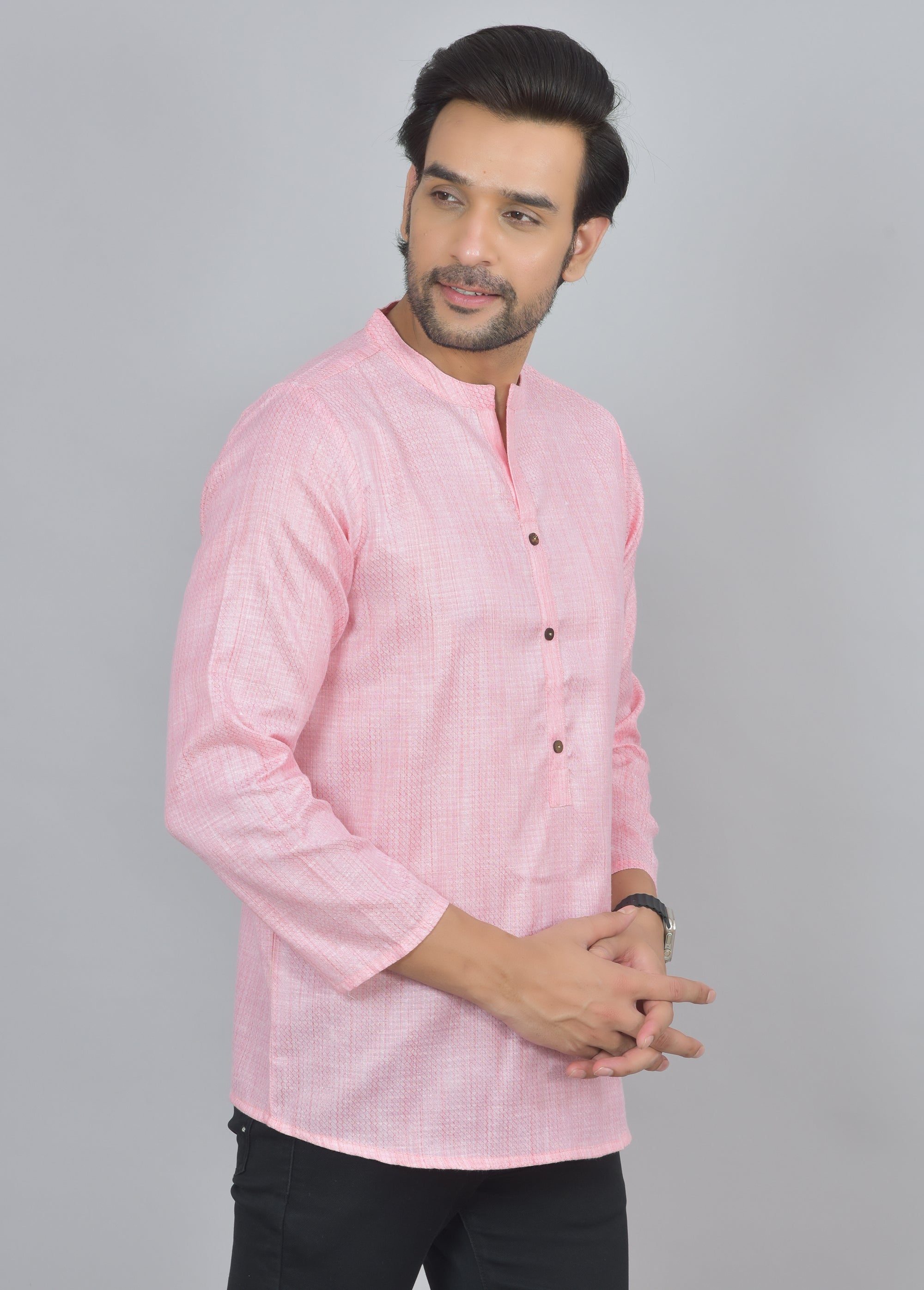 Baby Pink Self Design Cotton Short Kurta