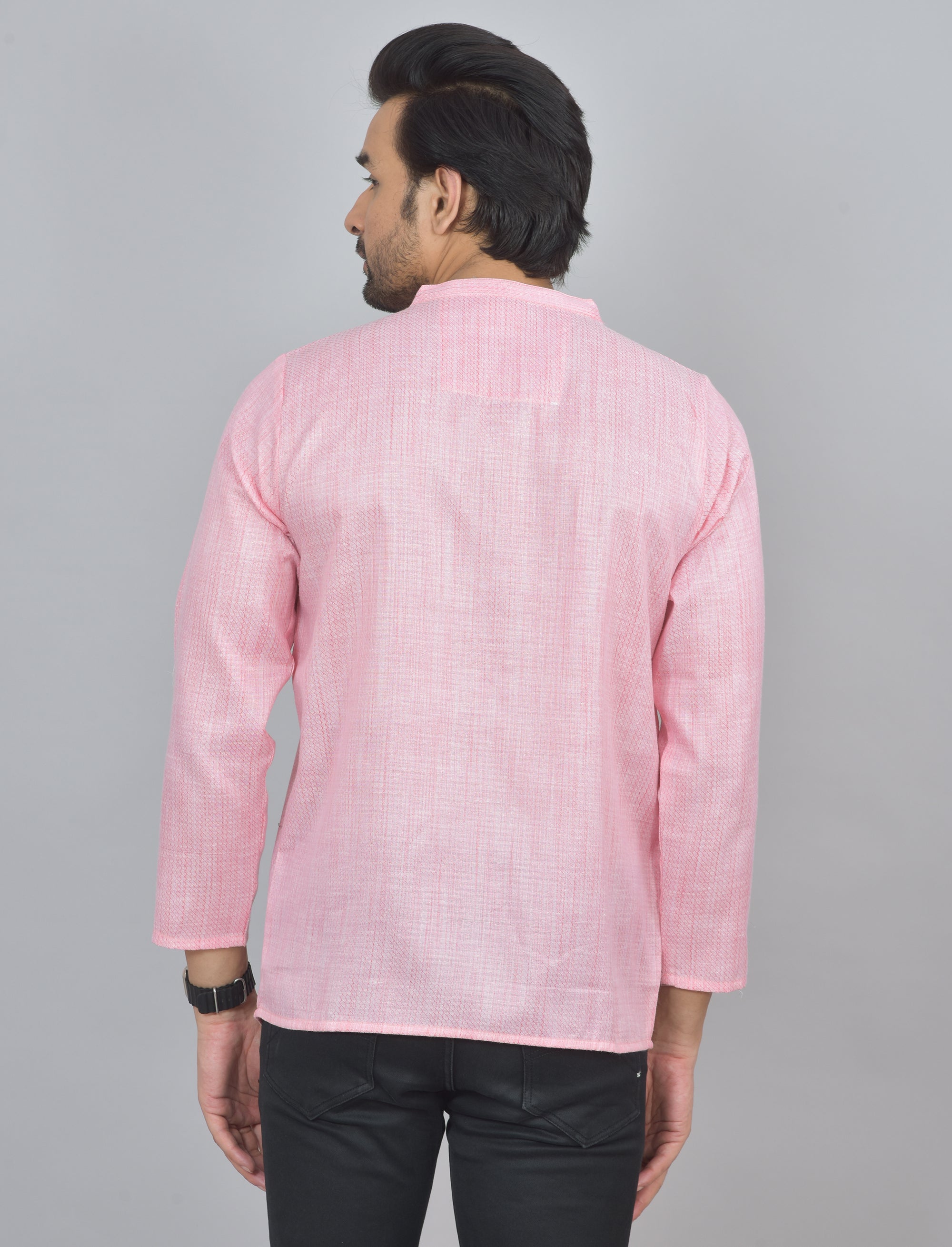 Baby Pink Self Design Cotton Short Kurta