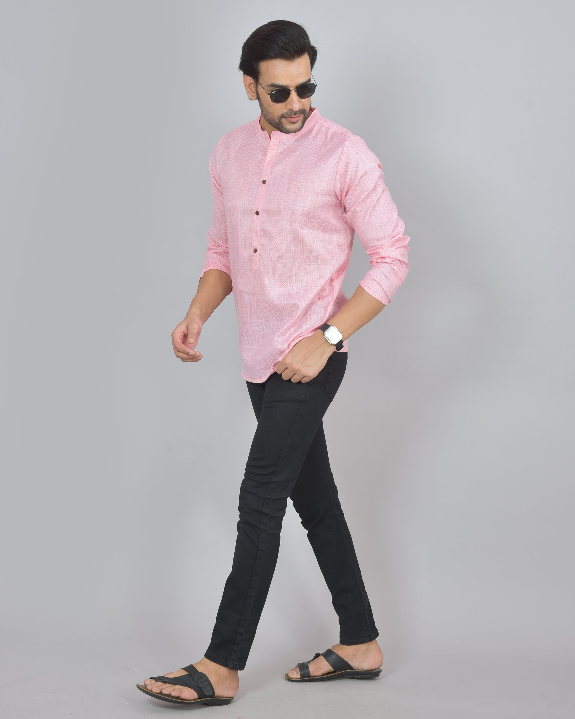 Baby Pink Self Design Cotton Short Kurta