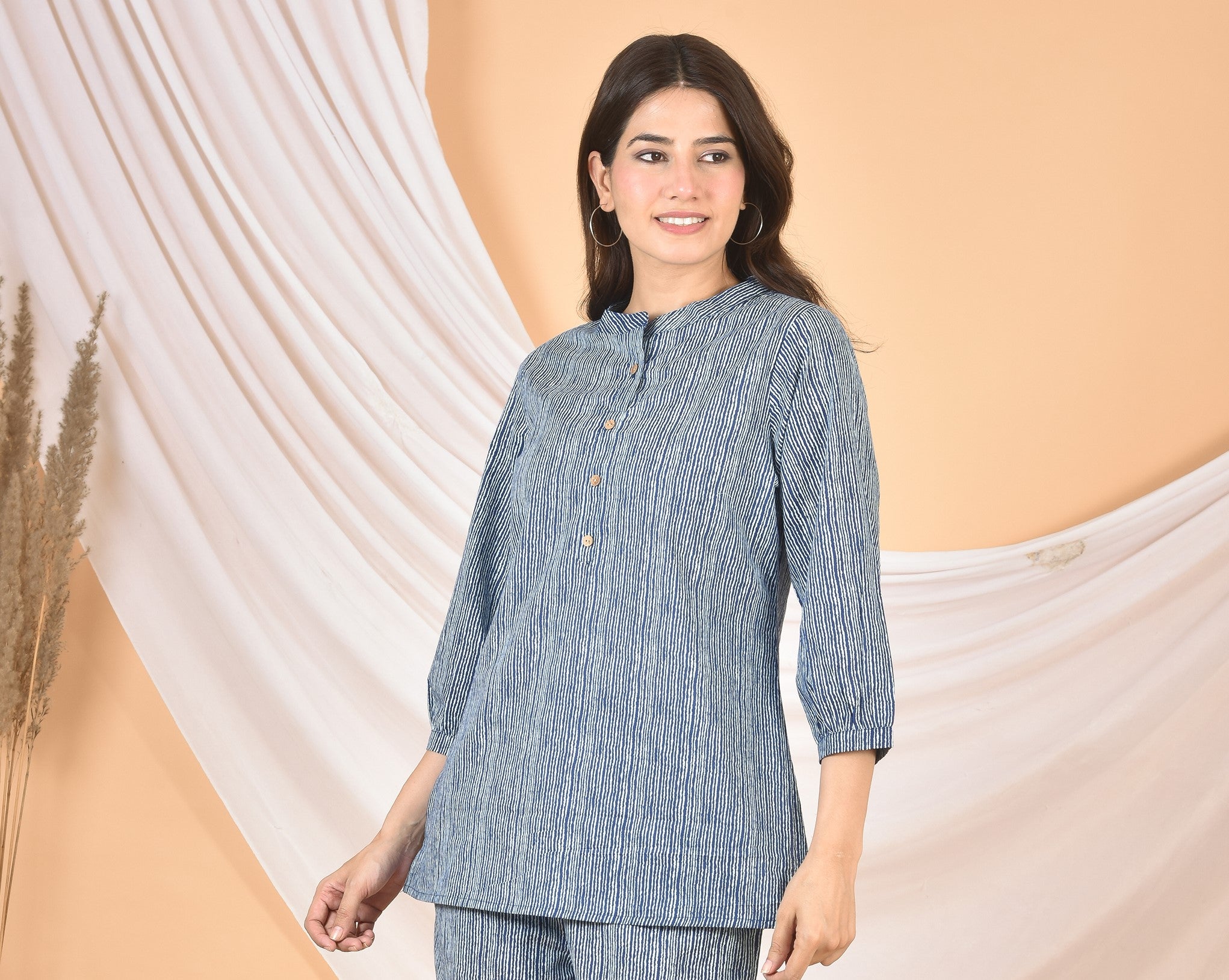 Women Blue White Lining Top-T-01