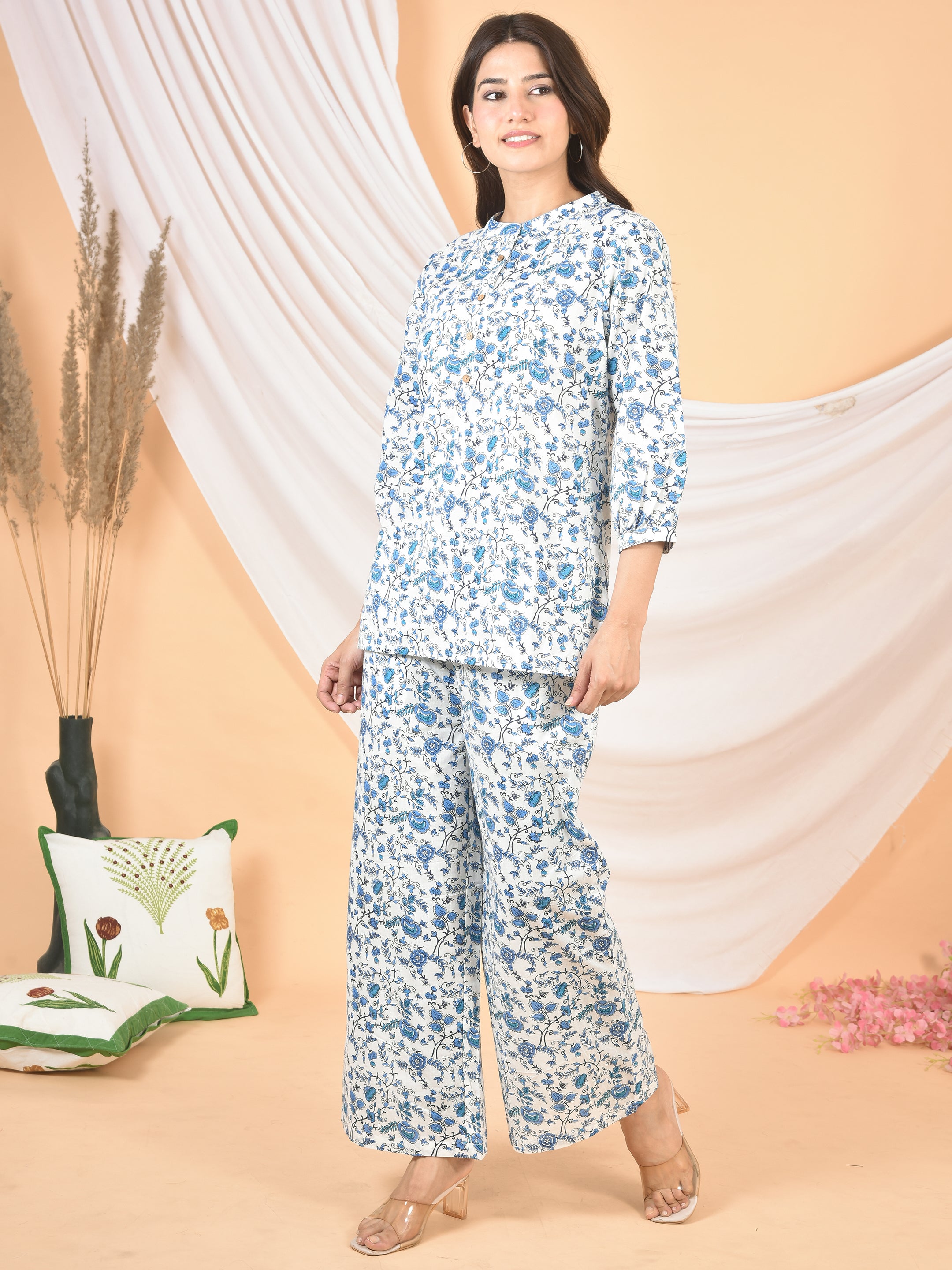 Women White Sky blue printed cod set-CS-2002