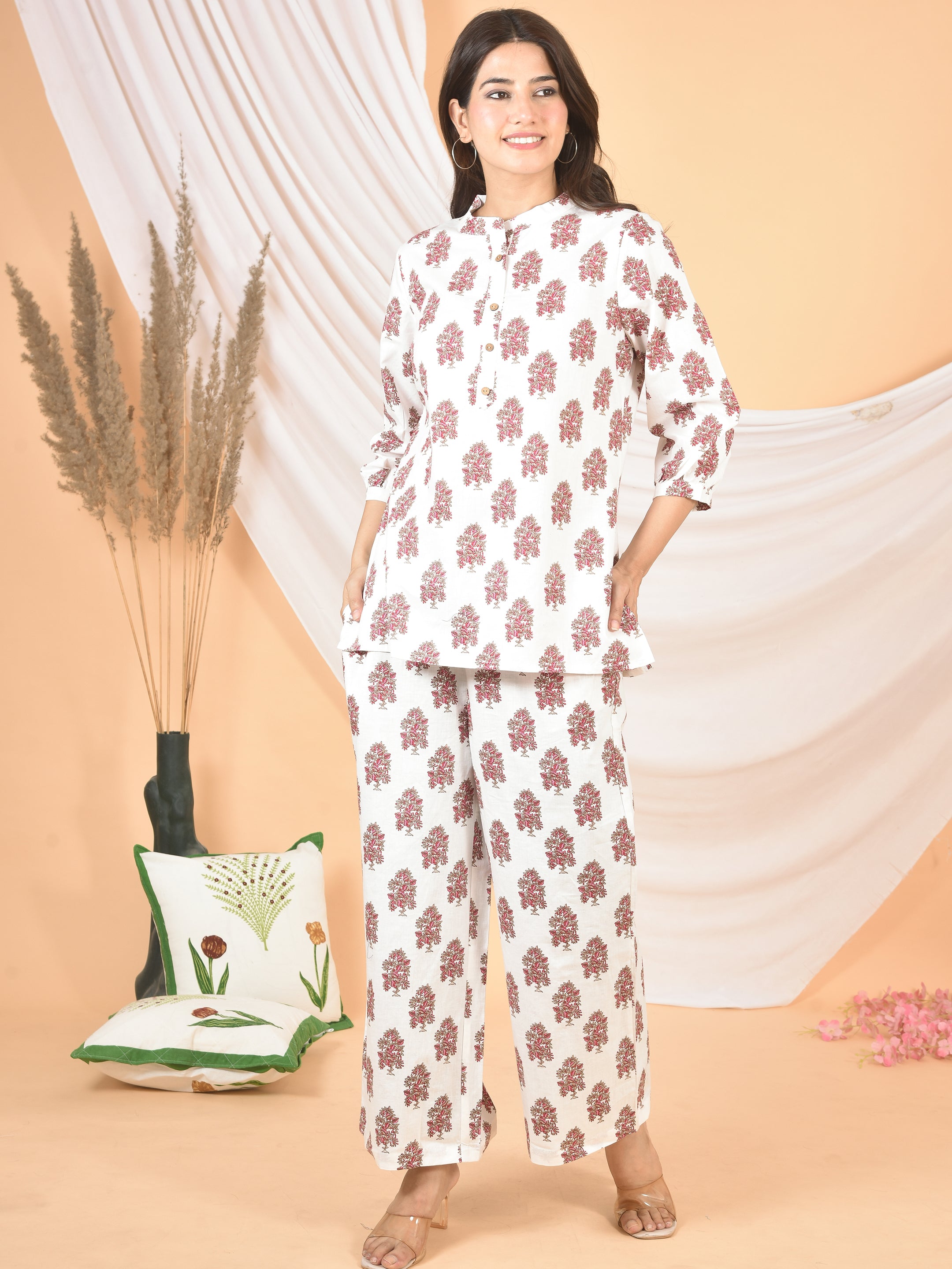 Women white pink printed cod set CS-2009