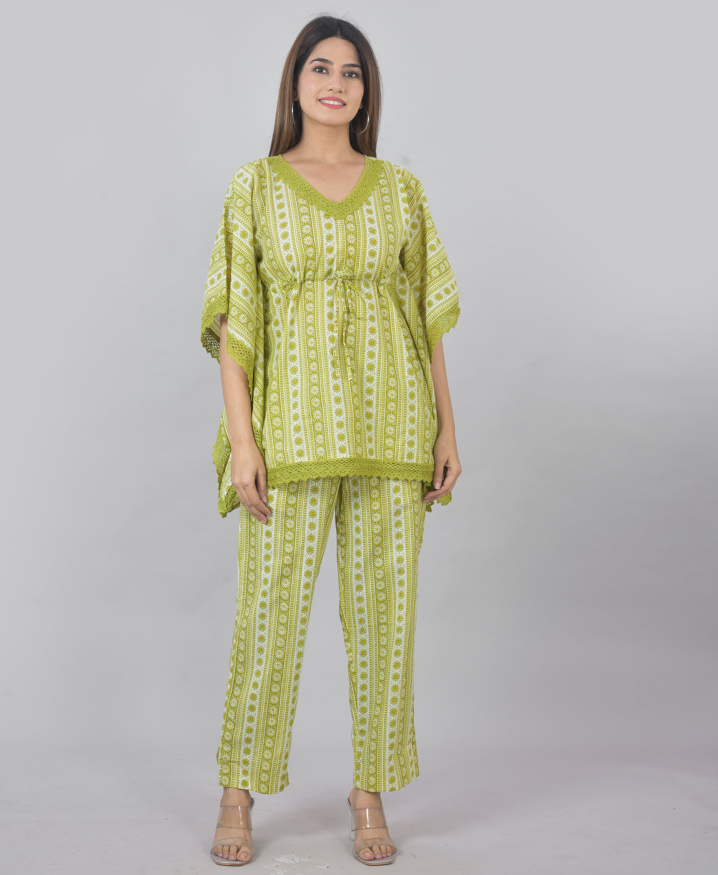 Plus Size Green  handblock kaftan cordset