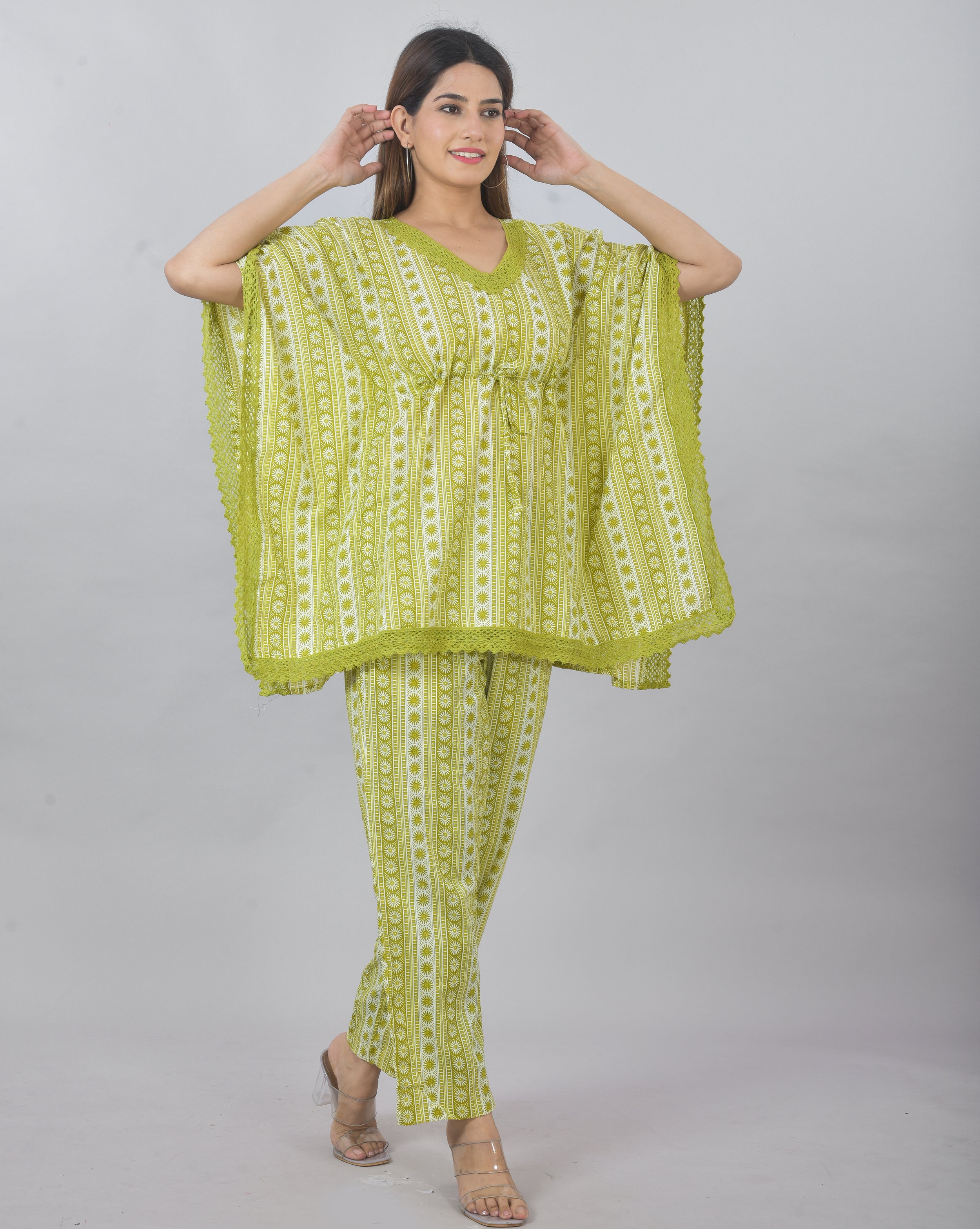 Plus Size Green  handblock kaftan cordset