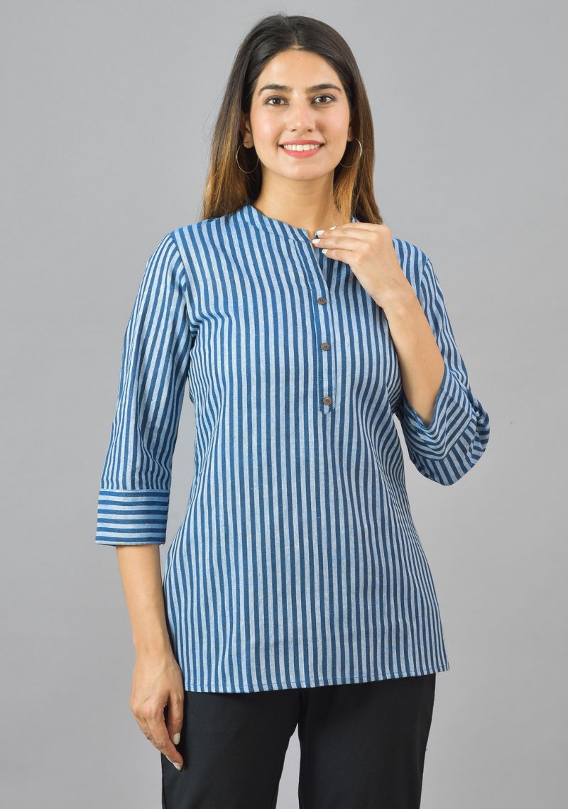Women Vertical Stripes Striped Mandarin Collar Cotton Top