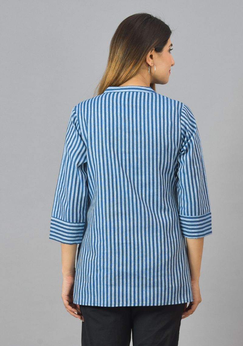 Sky Blue Navy Blue Cotton Stripe Women Top-10375