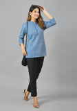 Sky Blue Navy Blue Cotton Stripe Women Top-10375